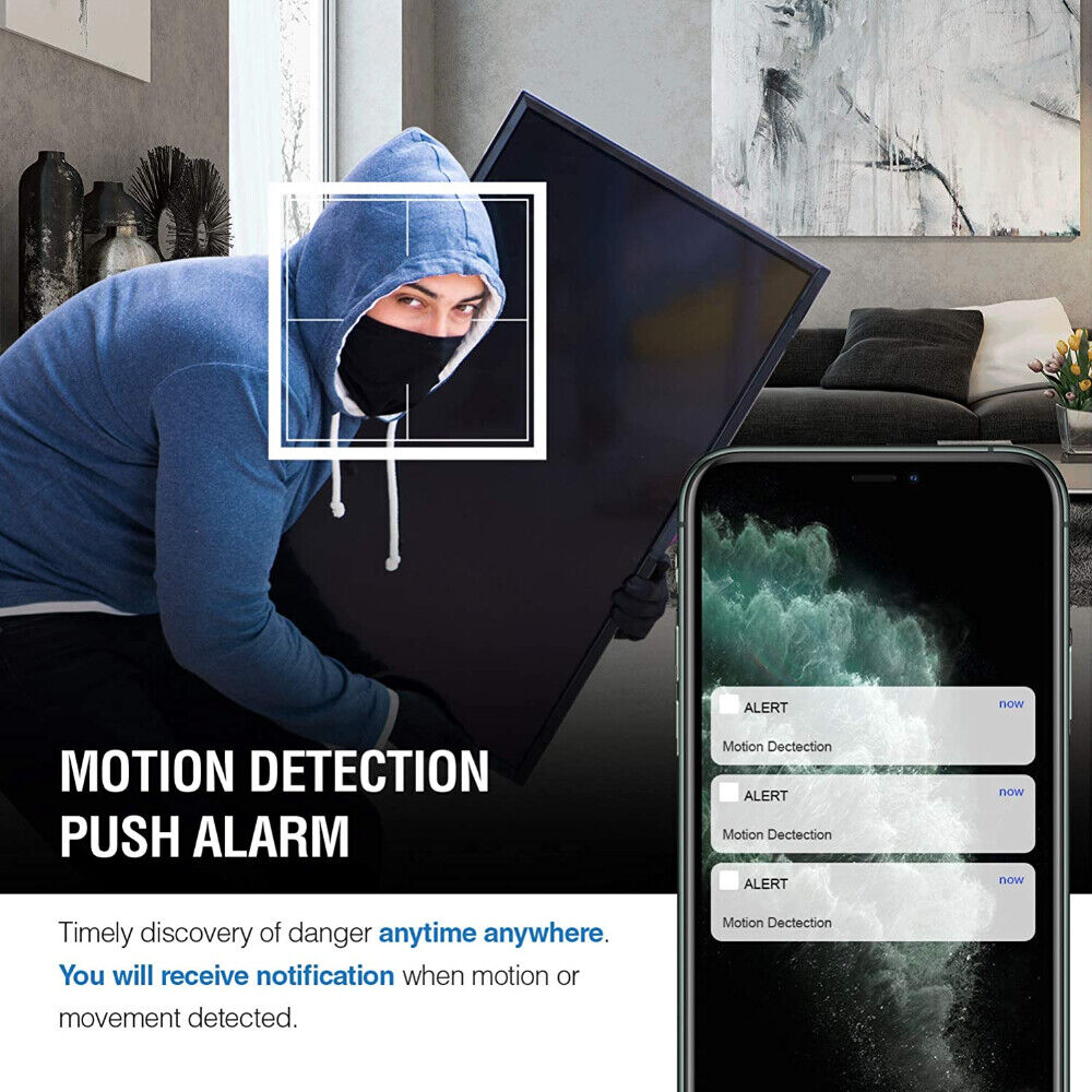 Security system advertisement showcasing the espionage chic motion detection feature with a notification alert on a smartphone and an intruder in the background, all monitored by our state-of-the-art Bird Clock SpyCam.