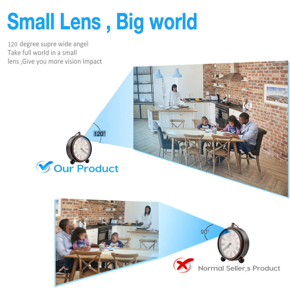 Advertisement showcasing the enhanced home security offered by a 1080P Wi-Fi camera with a wider field of view compared to a normal 96-degree lens, featuring comparison images of people in indoor settings.