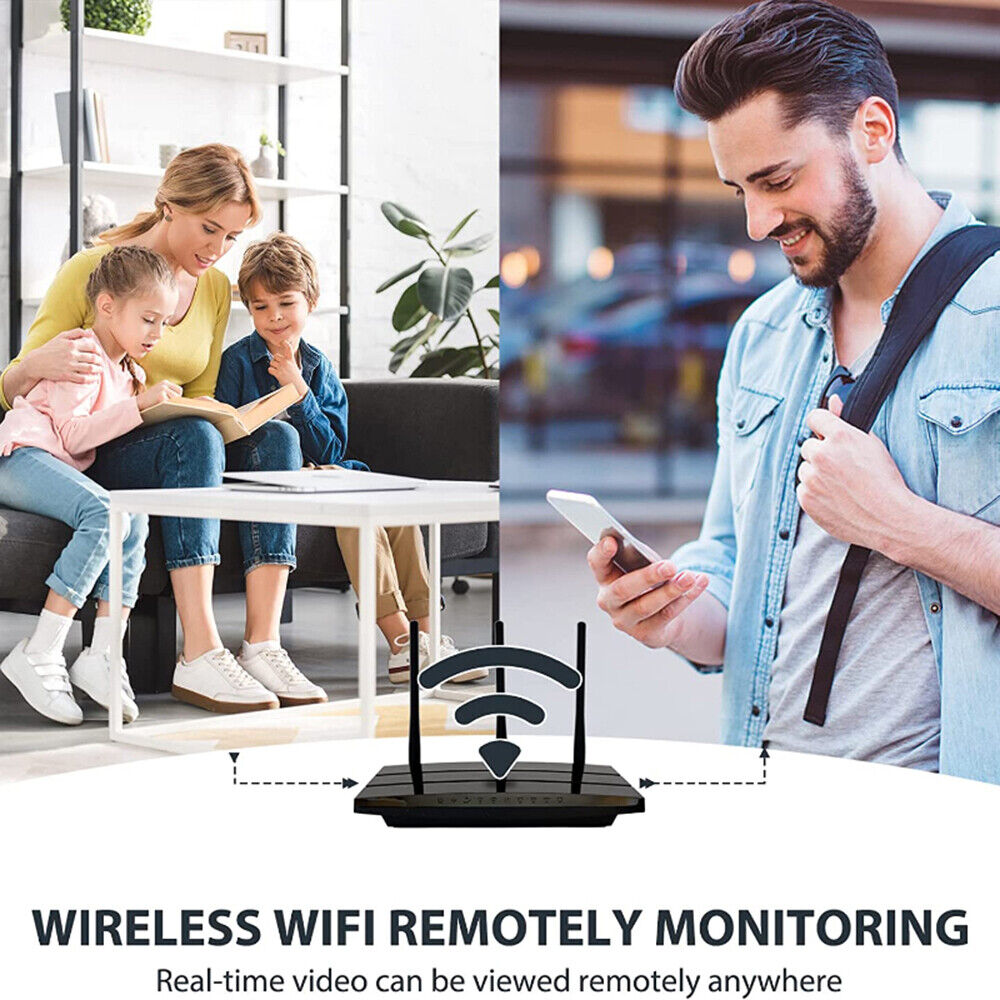 A family sitting together on a couch while a man checks his phone for real-time video via wireless wi-fi remote monitoring, next to an Astronaut Moon Clock.