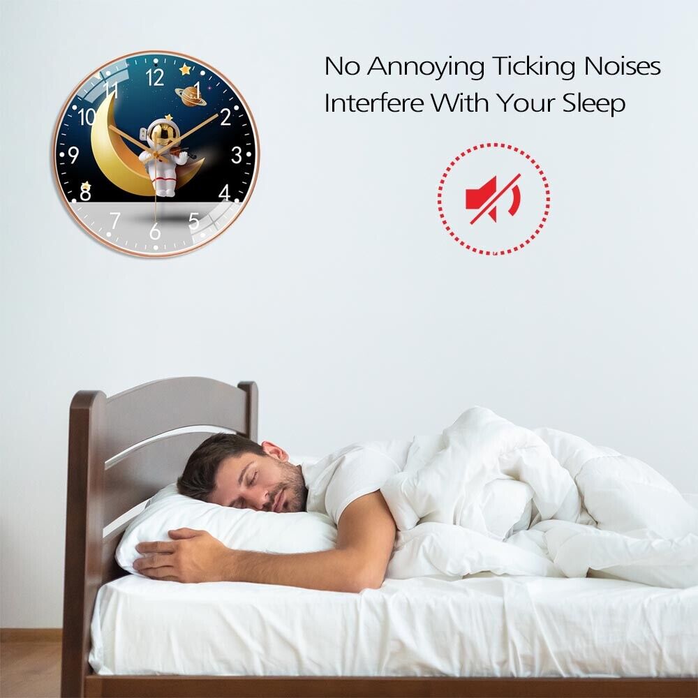 A person sleeping peacefully in bed with a silent Astronaut Moon Clock highlighted as not disturbing the quiet environment.