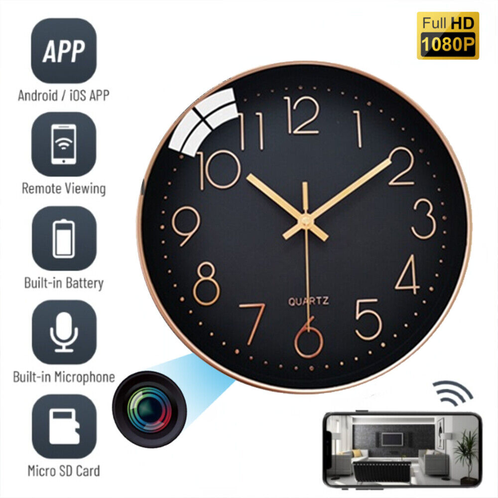 A black wall clock featuring hidden camera functionality with WiFi security monitoring and HD 1080P recording, built-in battery, microphone, and smartphone app compatibility for remote viewing.