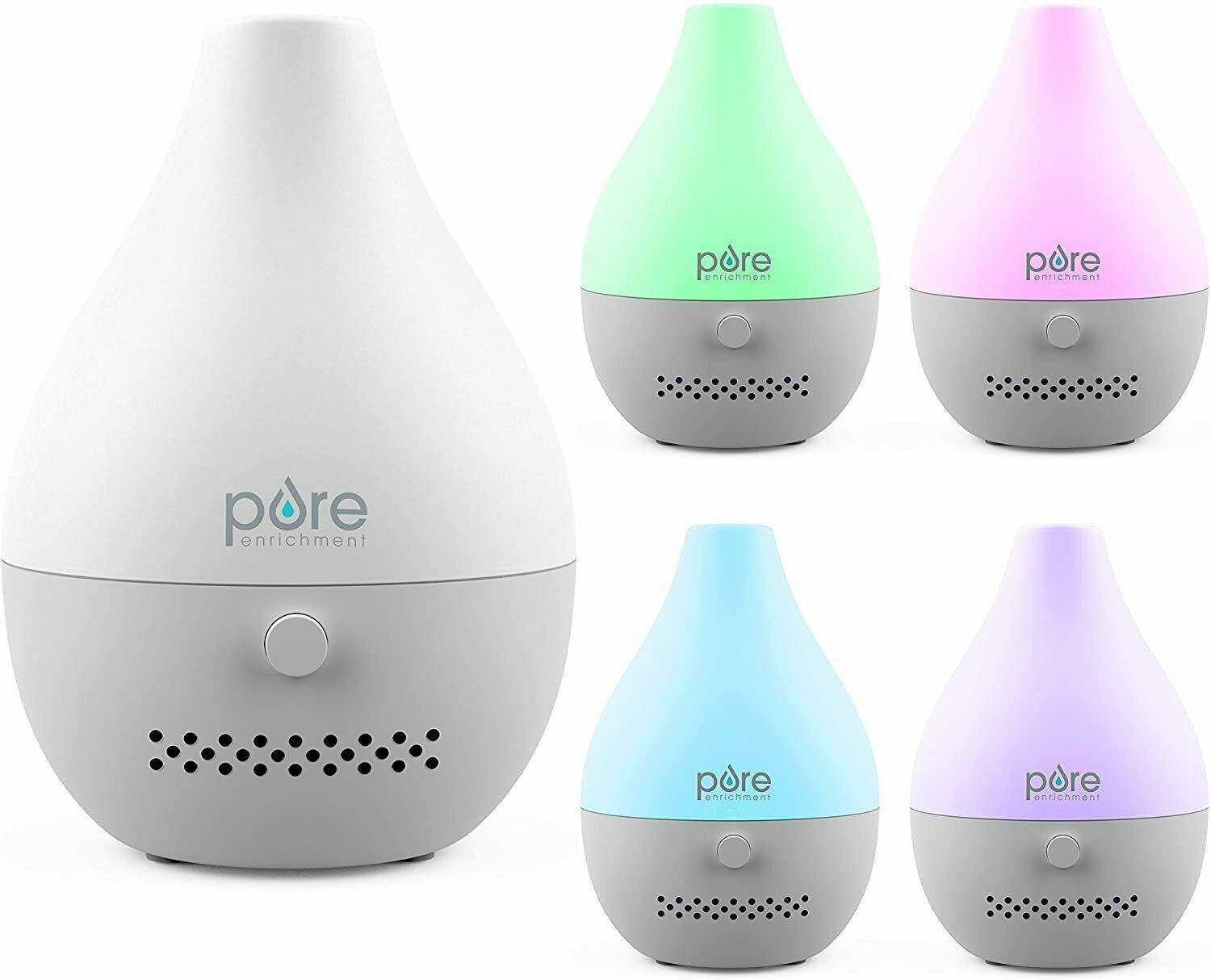 Set of ultrasonic cool mist humidifiers with color-changing LED lights and hidden WiFi camera for home surveillance.