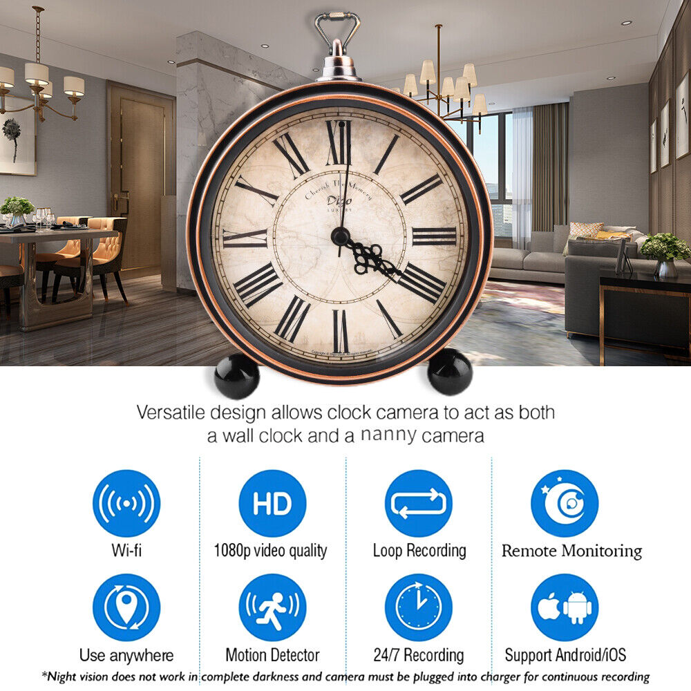 A multifunctional Roman Numeral Clock SpyCam with built-in 1080P Wi-Fi camera features for security and monitoring.