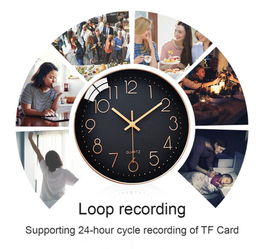 A wall clock spy cam with a hidden camera feature advertised as supporting 24-hour loop recording on a TF card and HD 1080P quality, surrounded by images depicting various everyday scenes.