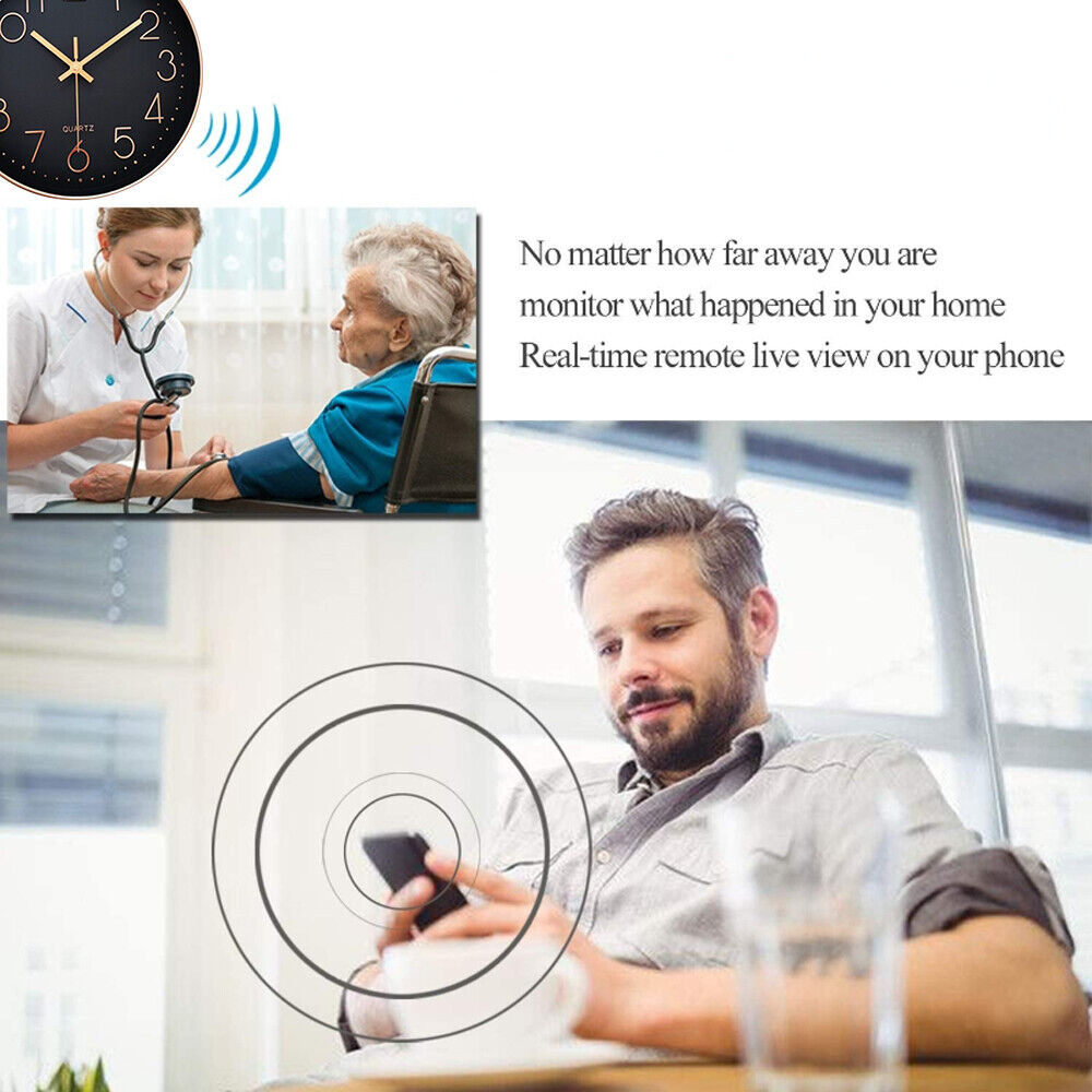 A healthcare worker checking a senior woman's blood pressure, alongside an image of a man monitoring the situation through his smartphone's HD 1080P Wall Clock Spy Cam app, illustrating remote home care.