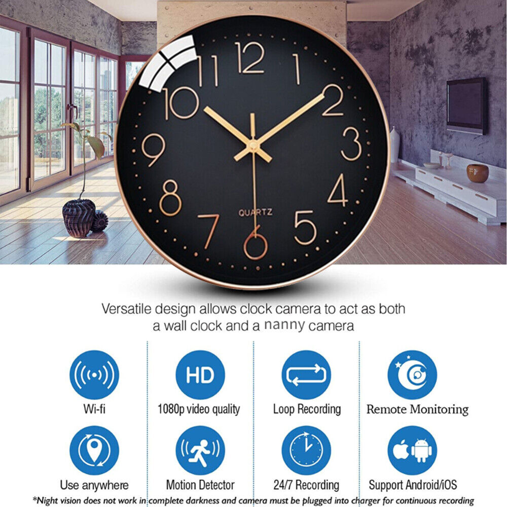 A Wall Clock Spy Cam featuring a hidden camera with various functionalities including WiFi security monitoring, HD 1080P recording, motion detection, and remote monitoring capabilities.