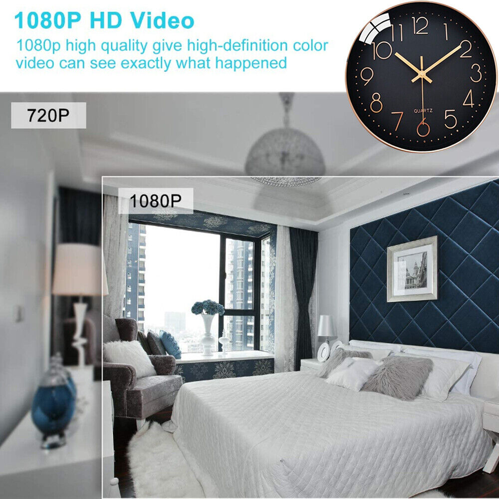 Comparison of HD 1080P and 720p high-definition video quality in a modern bedroom setting featuring a Wall Clock Spy Cam with WiFi security.