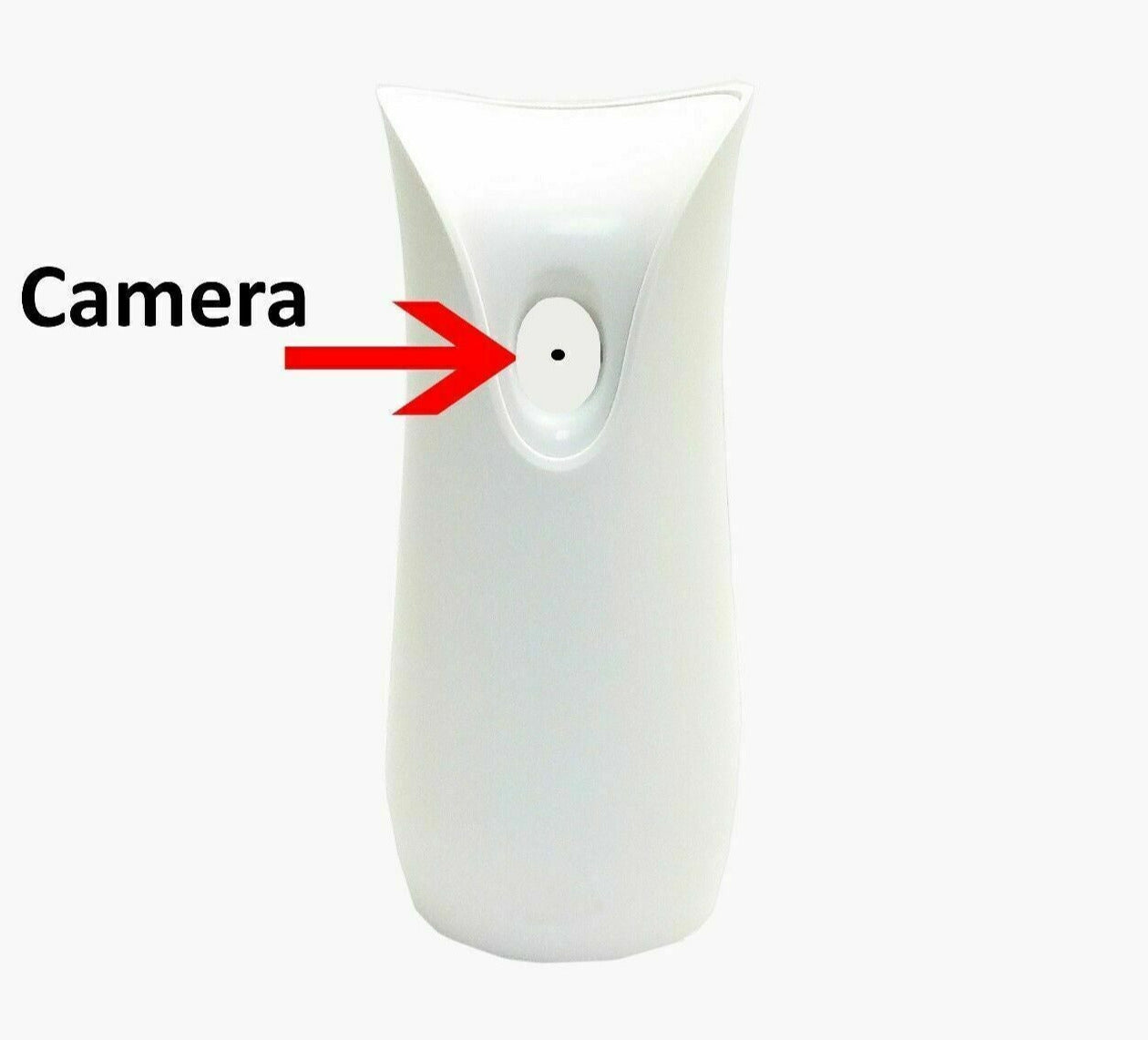 White automatic air freshener with built-in SpyCam indicated by an arrow.