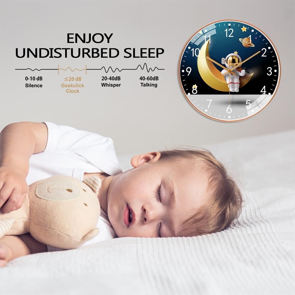 A sleeping toddler with a plush toy, next to a decorative clock showing noise levels for undisturbed sleep.