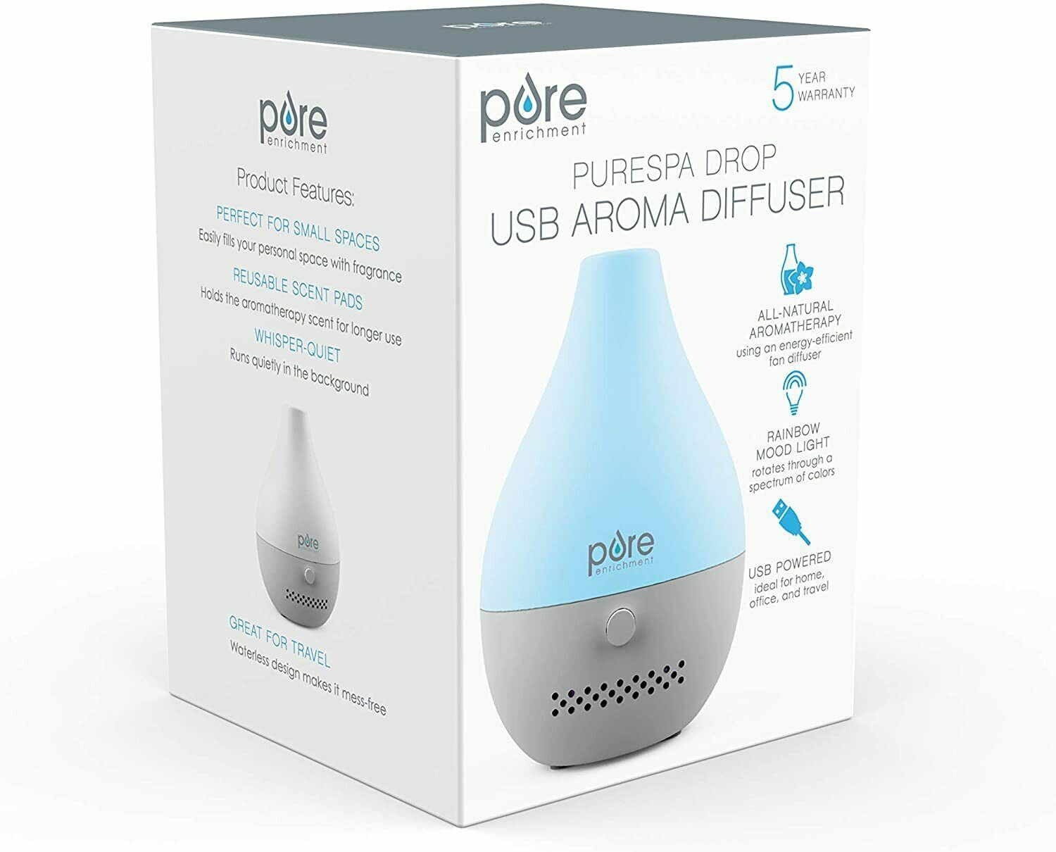 Usb aroma diffuser with color-changing mood light, suitable for small spaces, featuring whisper-quiet operation and marketed as an all-natural air freshener.