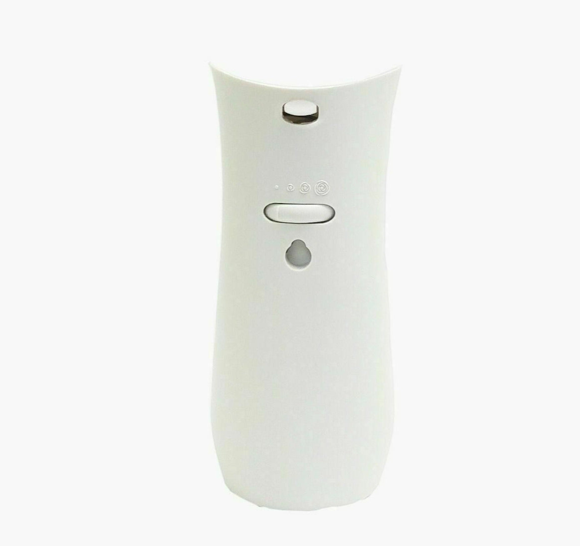 Automatic air freshener dispenser with discreet monitoring capabilities on a white background.
