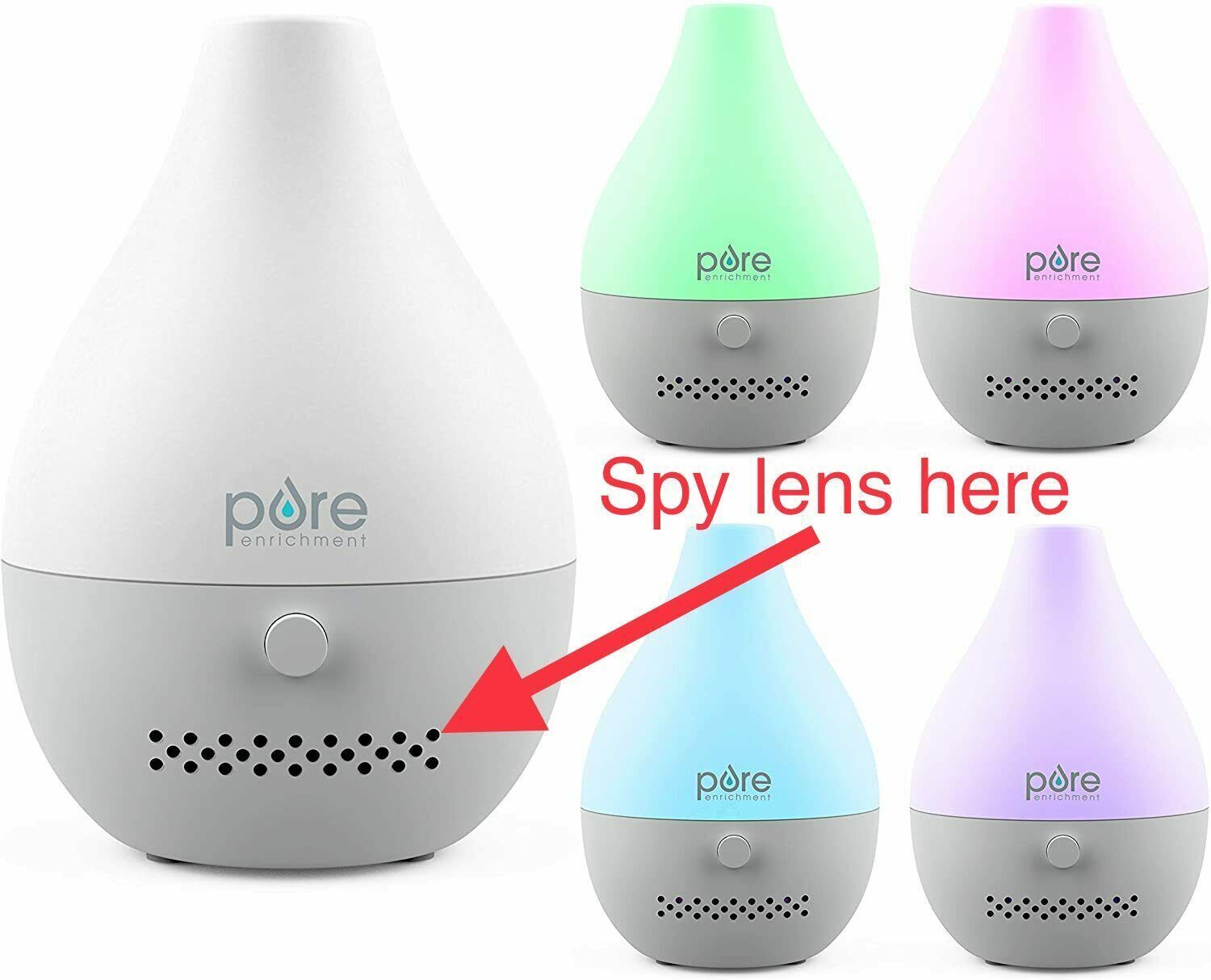 Four ultrasonic diffusers with color-changing LED lights, one marked to indicate it houses a hidden WiFi camera for home surveillance.