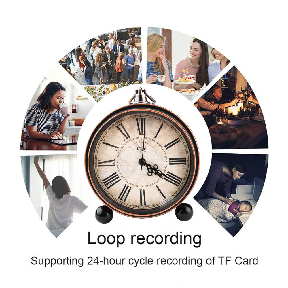 A collection of images depicting various daily activities encircles a Roman Numeral Clock SpyCam, with a label indicating "loop recording" and a note about support for "24-hour cycle recording of tf card