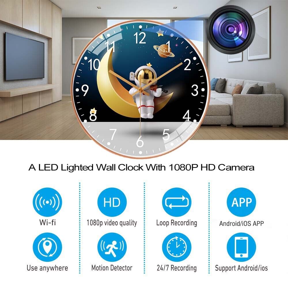 A decorative clock featuring an integrated Astronaut Moon design, with a 1080p HD SpyCam that includes Wi-Fi connectivity and motion detection for surveillance.