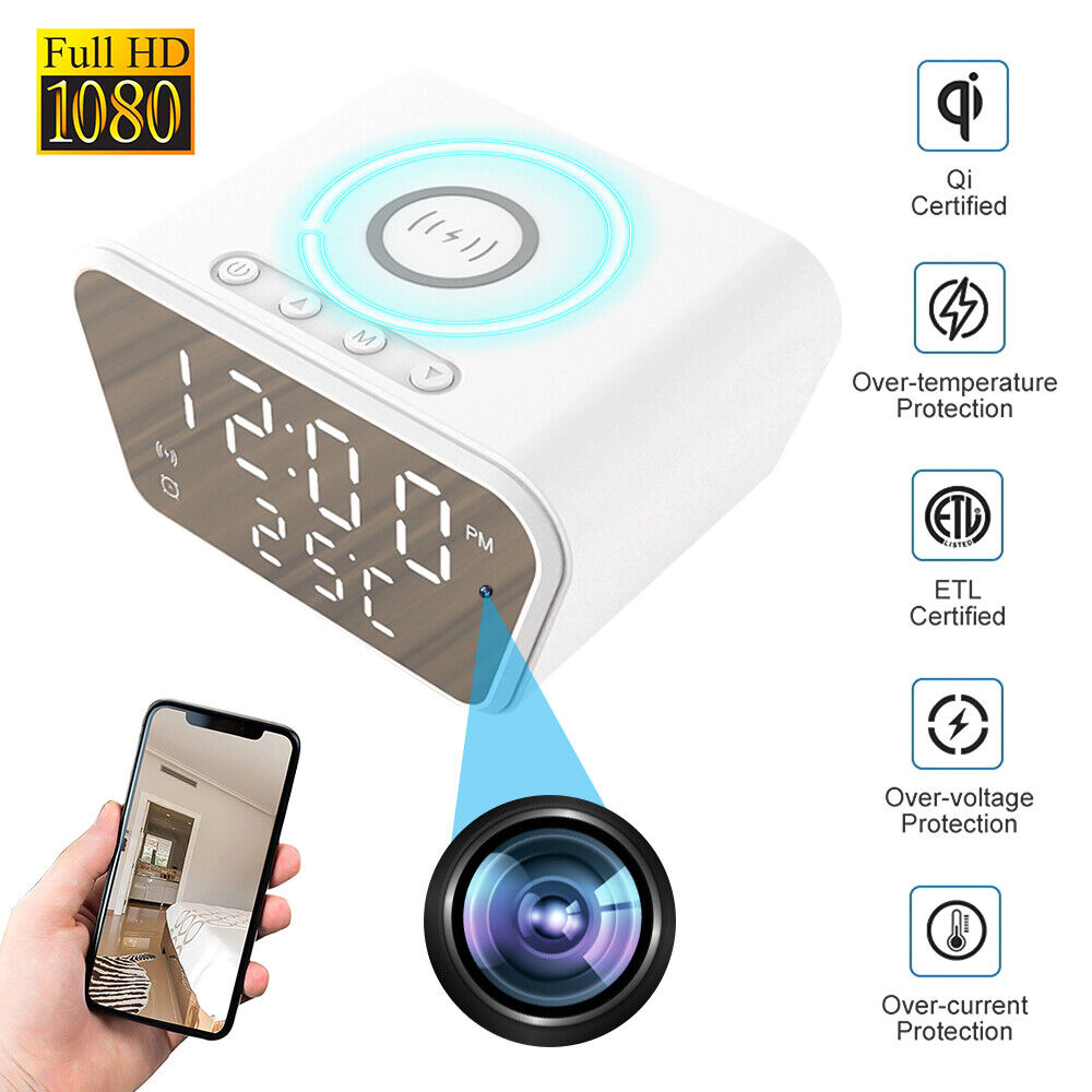 Digital alarm clock with iPhone & Android support, featuring discreet monitoring and wireless charging capabilities, displaying certifications for safety standards.