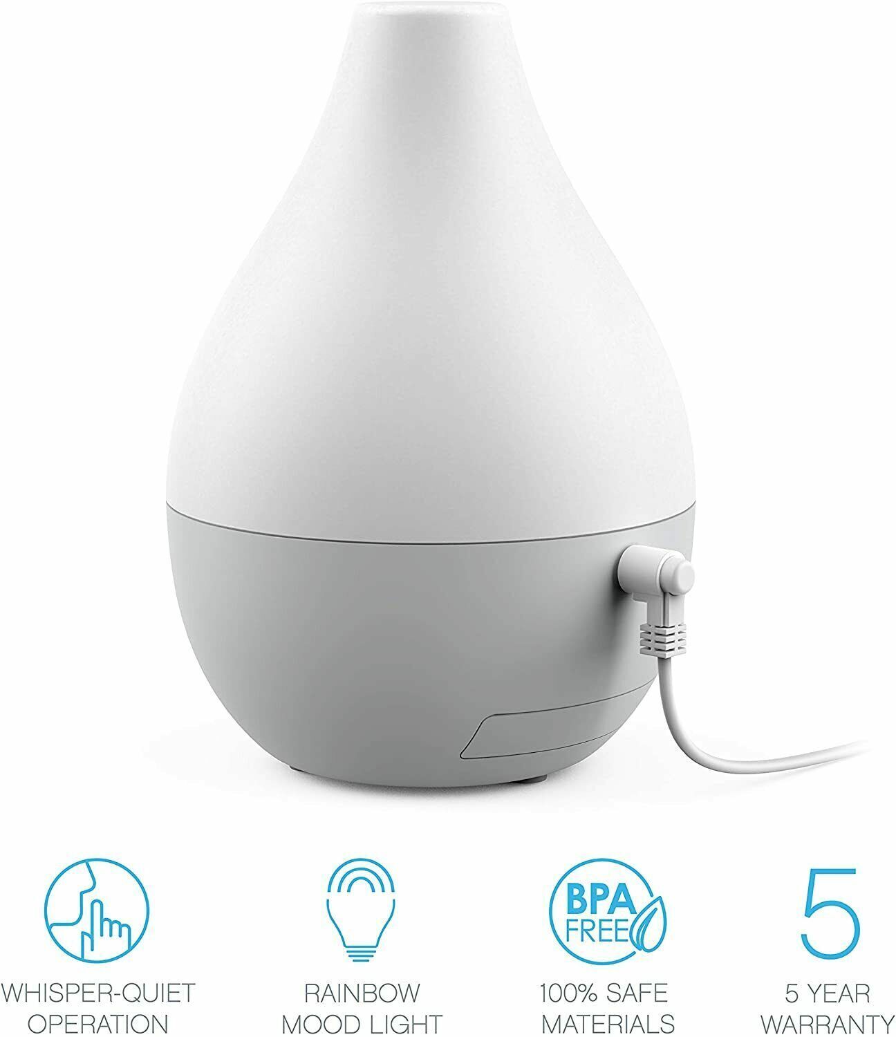 Ultrasonic essential oil diffuser with quiet operation, mood lighting, bpa-free materials, and a five-year warranty featuring a hidden WiFi camera for home surveillance.