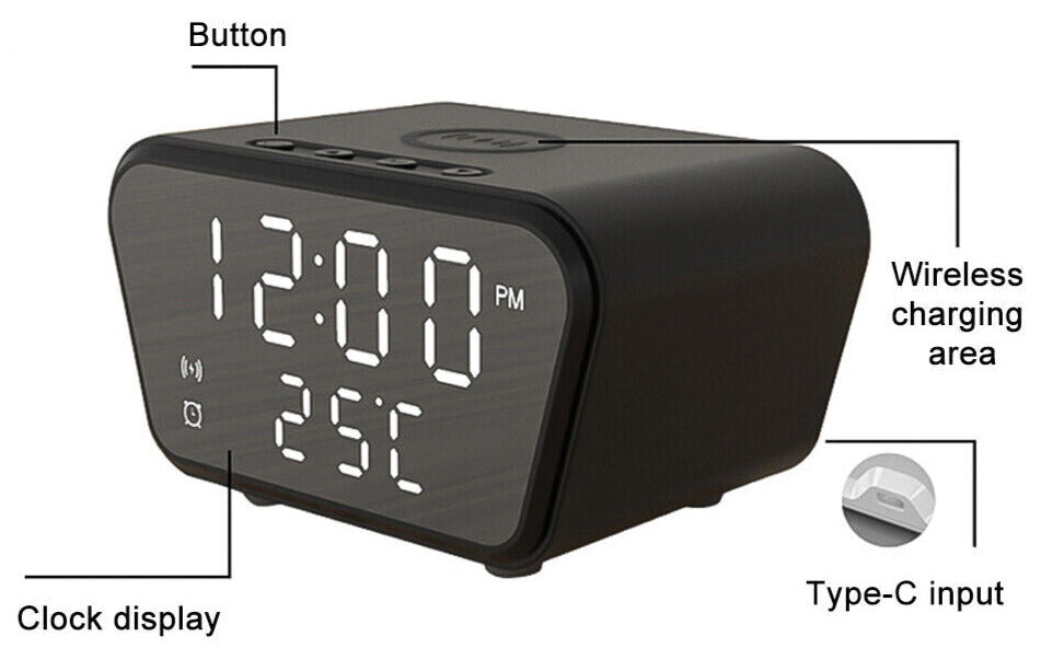 Digital alarm clock with temperature display, wireless charging area for iPhone & Android support, and type-c input.