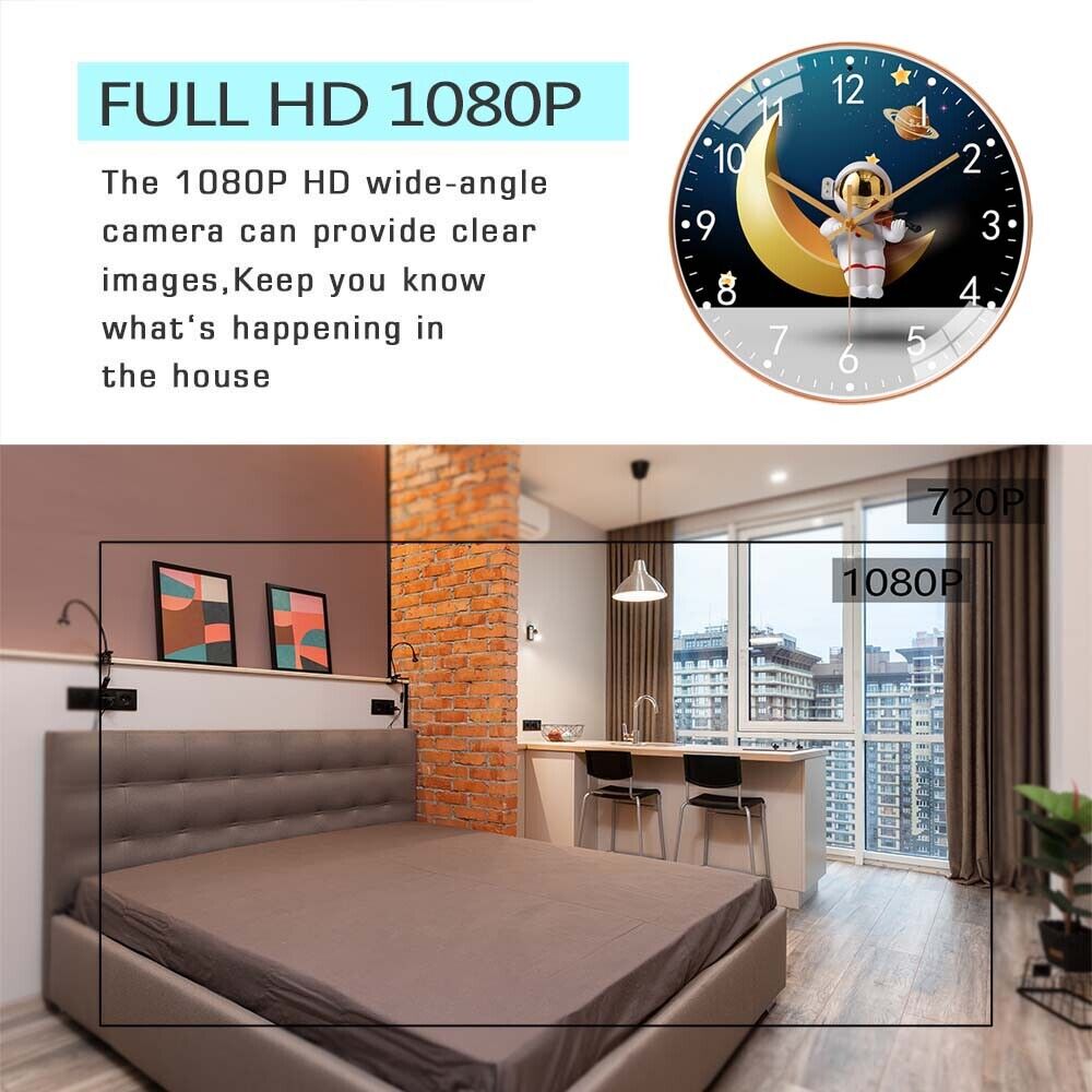 A promotional image comparing 1080p and 720p resolution in surveillance, featuring a bedroom scene for the clearer 1080p and an astronaut moon clock graphic for the lower resolution.
