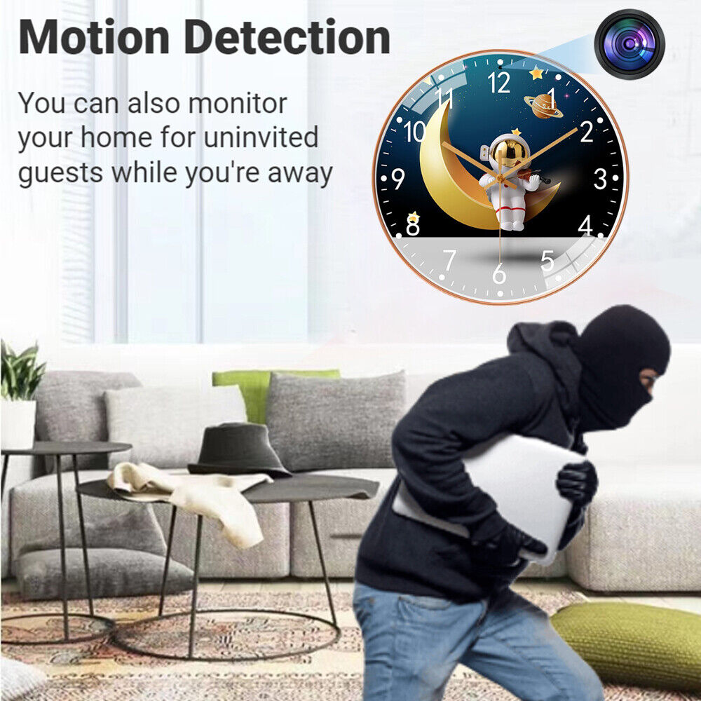 Home security advertisement featuring motion detection technology with an illustration of a burglar being monitored inside a living room by a discreet SpyCam.