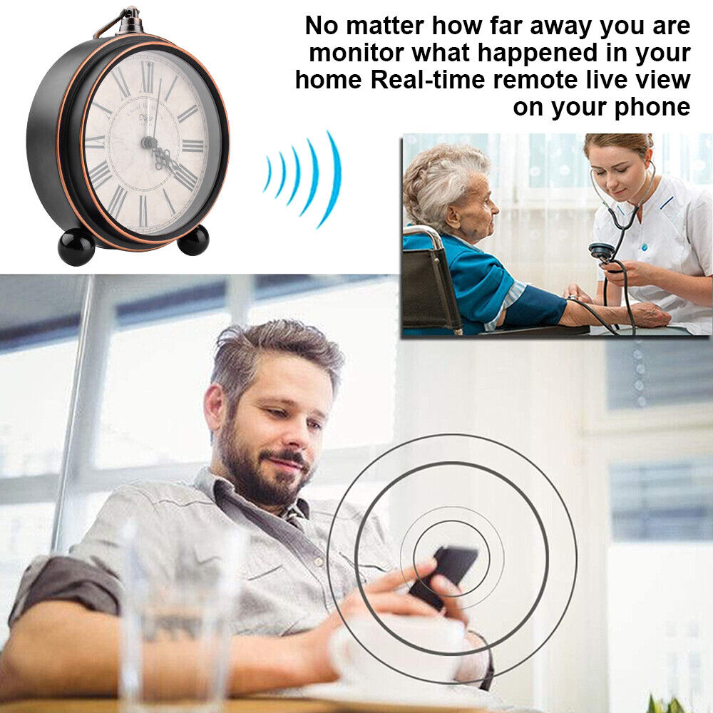 A man monitoring an elderly woman via a smartphone app connected to a Roman Numeral Clock SpyCam, disguised as an decorative clock with a hidden camera.