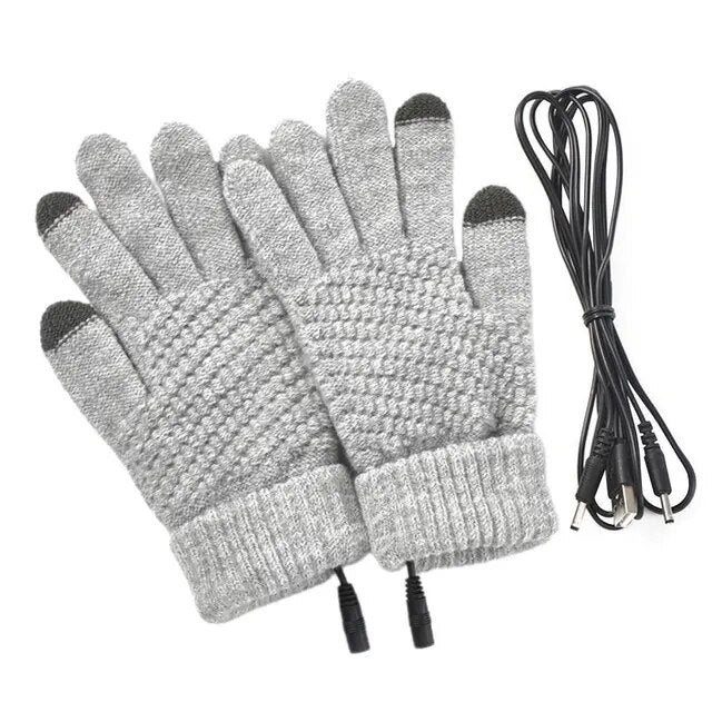 A pair of rechargeable grey heated gloves with a wire attached to them.