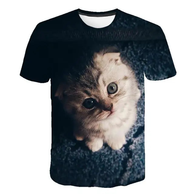 A cute cat t-shirt with big eyes.