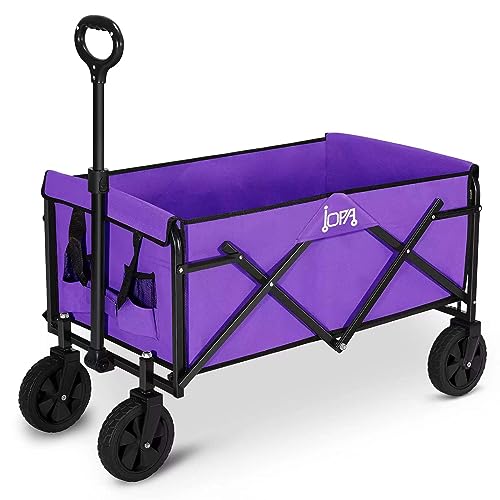 A large-capacity, purple folding wagon that is portable with wheels on a white background.