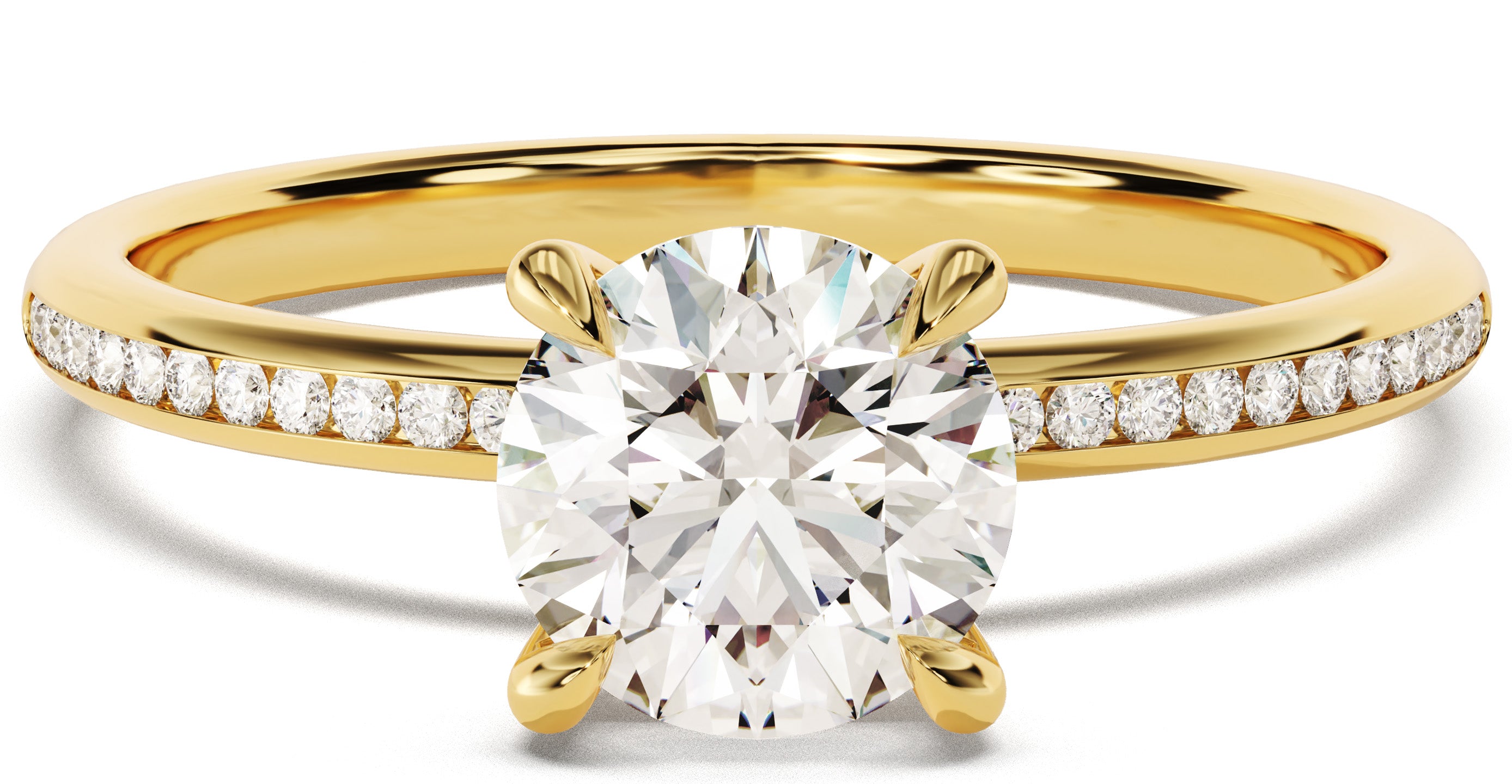 fine elegant jewelry, channel setting 14k, 18k solid gold moissanite engagement ring, custom made, options of white gold, rose gold and platinum, custom rings
