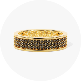 Eternate's yellow gold triple row black diamond ring for men in front of white background
