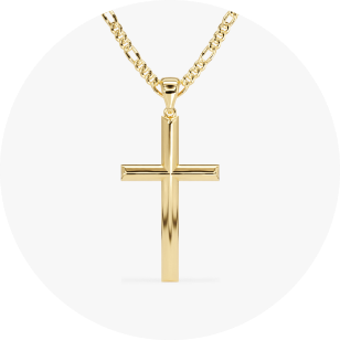 Eternate's yellow gold figaro chain cross necklace for men in front of white background