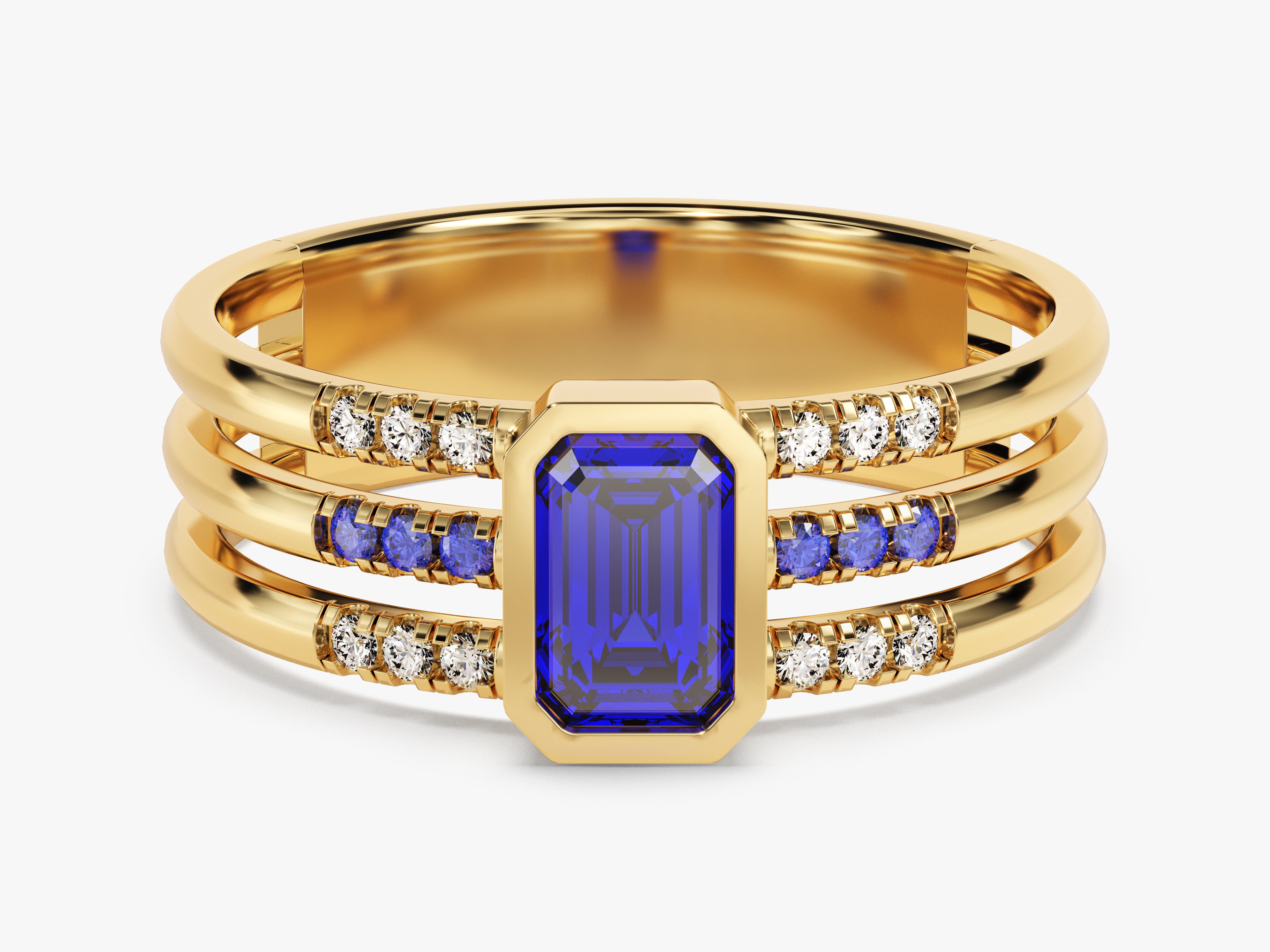 yellow gold three shank sapphire engagement ring