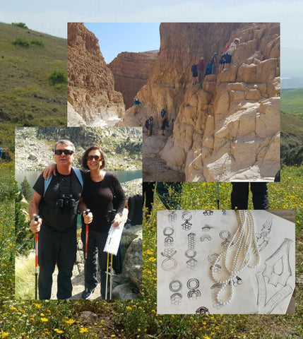 a collage of Danny hiking with his wife Osnat, and hand drawn jewelry designs