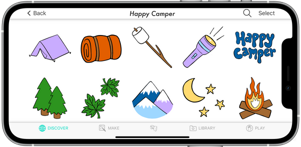 Picture of Nailbot's Nail art Collection "Happy Camper". Collection includes nail art of a purple tent, orange sleeping bag, marshmallow on a stick, a purple flashlight, "Happy Camper" clip art, green evergreen trees, green leaves, 3 mountain peaks, yellow moon and stars, and a campfire., 