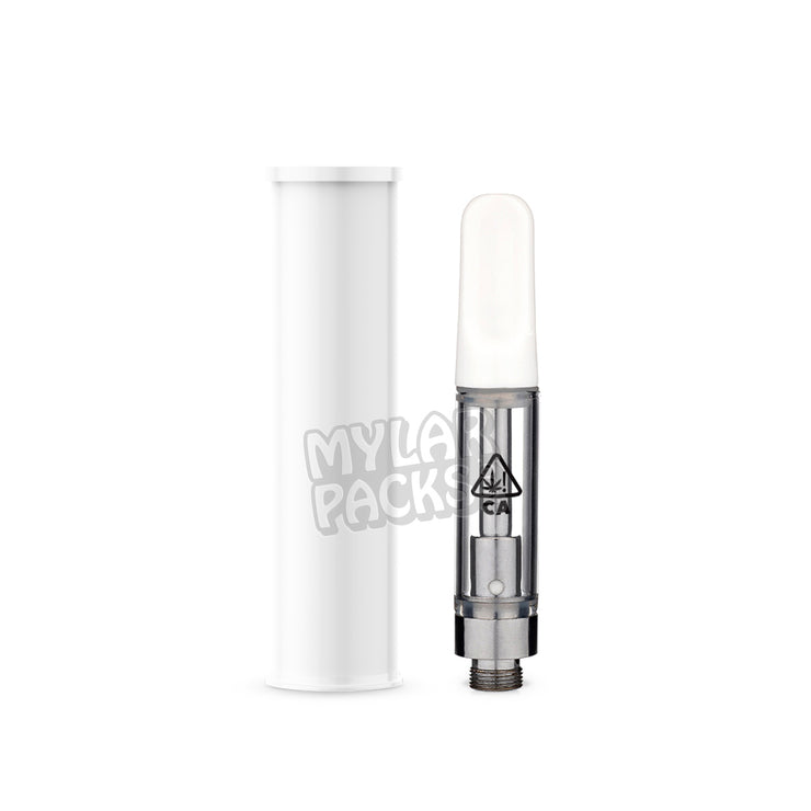 CA State Warning Ceramic Ccell Carts with Plastic Tube and Customizable Strain Sticker (1" x 2")