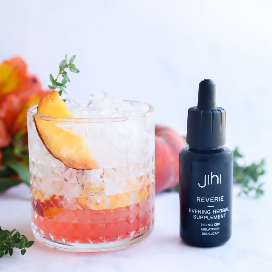 Sparkling Peach Thyme Mocktail with Jihi Reverie Herbal Supplement