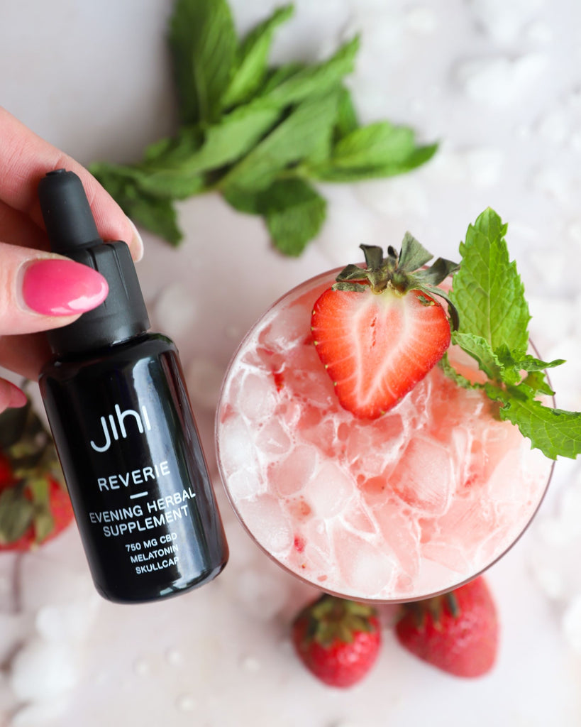 Strawberry Kombucha Mocktail with Jihi Reverie Evening Herbal Supplement