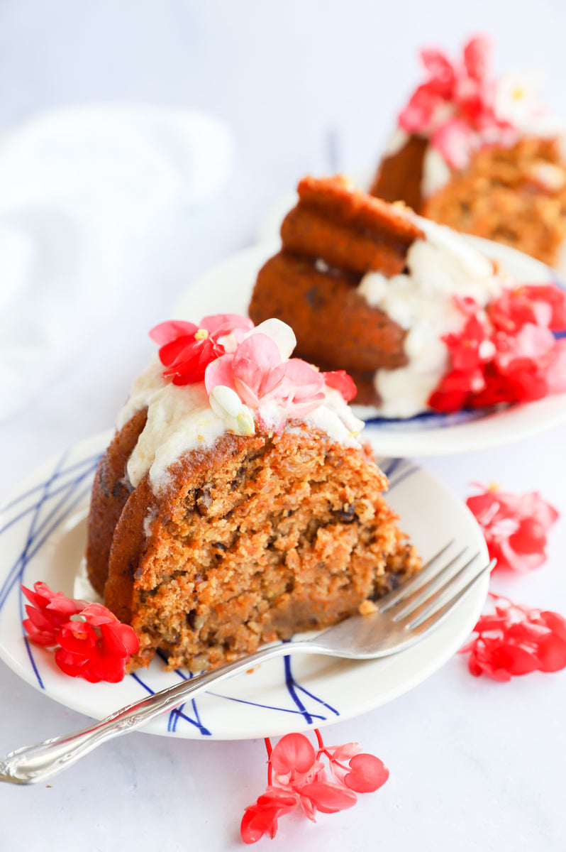 gluten vegan dairy free carrot bundt cake with edible flowers