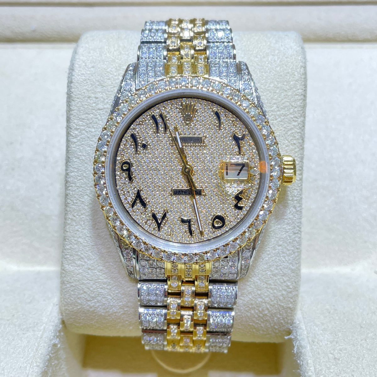 Iced Out Rolex Arabic Dial 36mm Yellow Two-Tone Rolex Full Bust Down | –  RDP Miami Beach Jewelry