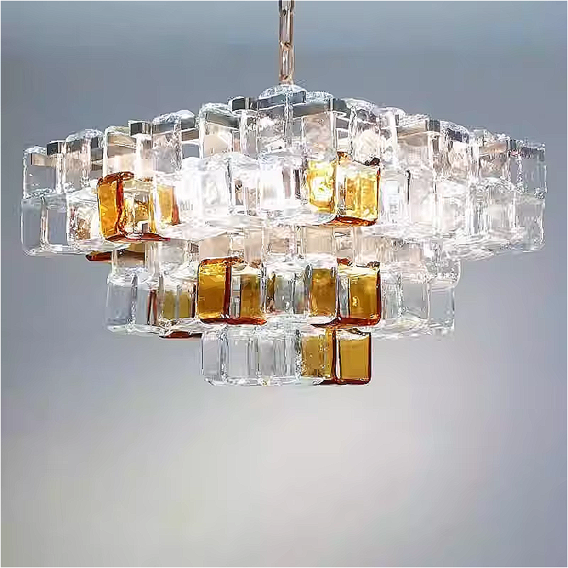 Vintage sculptural glass chandelier with amber and clear cubes – modern pendant light for dining room and lounge | LINKORI CUBLIQUE