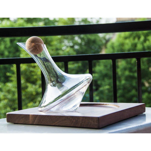 Swoon Living 750ml Flat Bottom Wine Decanter with Walnut Base and Pull Cork