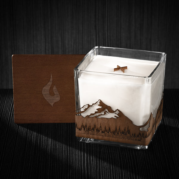 San Francisco Skyline Wood Wrapped Candle | Mahogany Scented Soy Based Square Candles with Wood Lid, 4x4x4