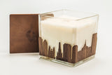 City Skyline Wood Wrapped Candle 4x4x4 | Mahogany Scented Soy Based Square Candles With Wood Lid