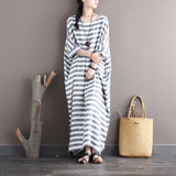 Striped Retro Literary Distressed Washed Loose Plus Size Dress