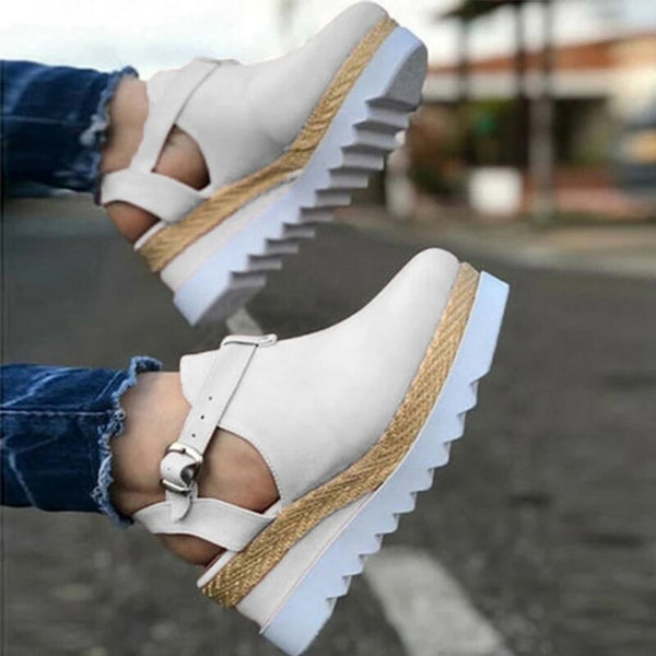 Women Vintage Wedge Buckle Strap Straw Thick Bottom Flats Platform San Murass 7956