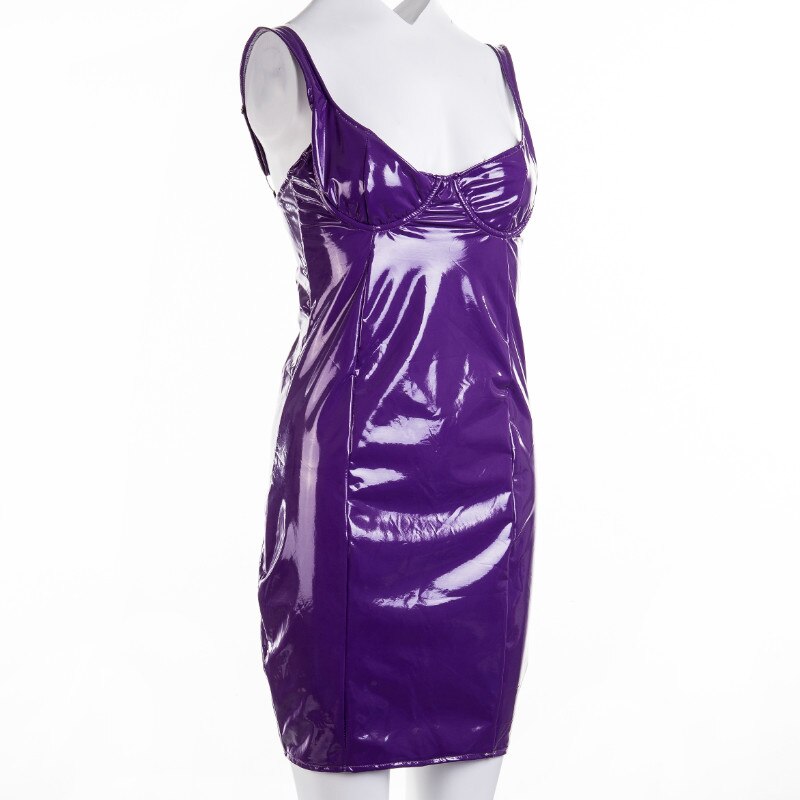 Women Latex Faux Leather Bodycon Mini Sleeveless Strap Sexy Club Dress ...