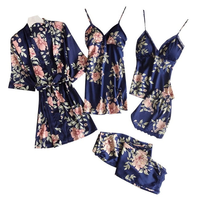 Women Floral Pajamas Sets Sexy Lace Tops + Shorts +Robe Sleepwear Sets ...