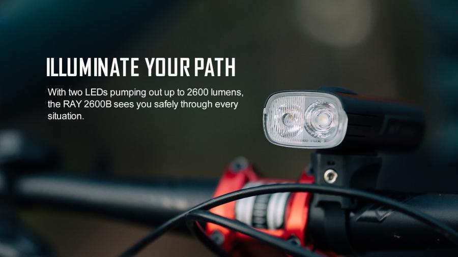 Illuminate your path with the Magicshine RAY 2600B front light featuring powerful dual LEDs, casting a wide and focused beam for safe night rides.