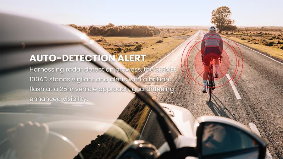 A cyclist on a road with a car approaching from behind, illustrating the Magicshine SEEMEE 100AD Radar Rear Light's auto-detection alert system, indicating a vehicle approach at 25 meters with brilliant flash for enhanced visibility.