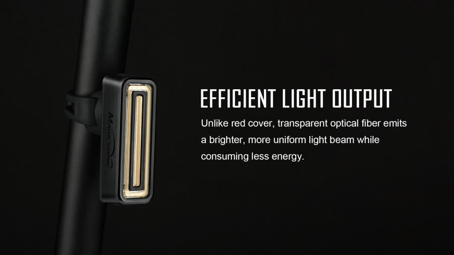 Side view of Magicshine SEEMEE 100 V2.0 tail light on a bicycle, illustrating its advanced transparent optical fiber technology for superior light beam quality and energy efficiency.