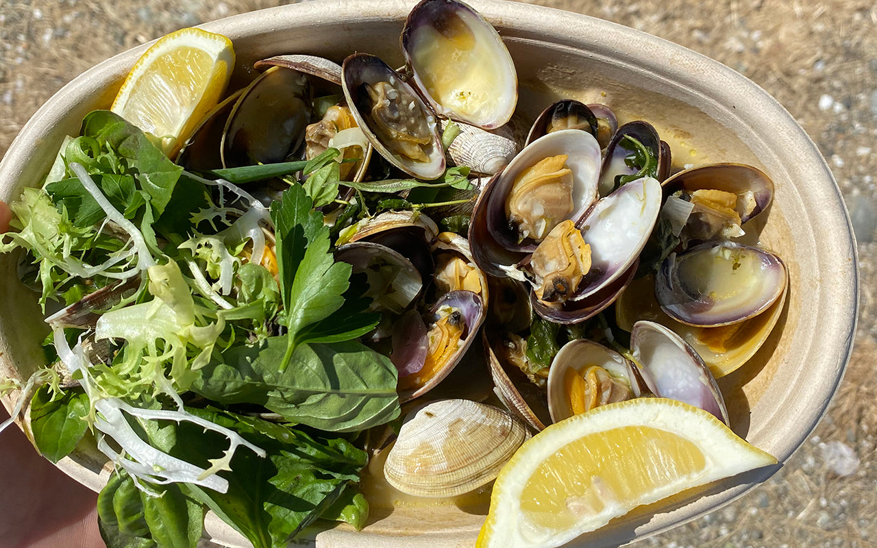 clams steamed in a green curry broth